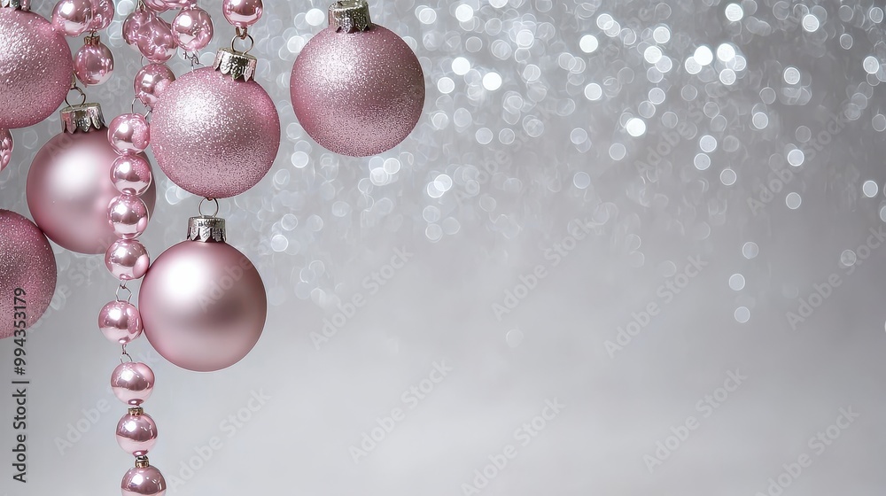 Poster a string of pink and silver christmas ornaments hanging from a silver string