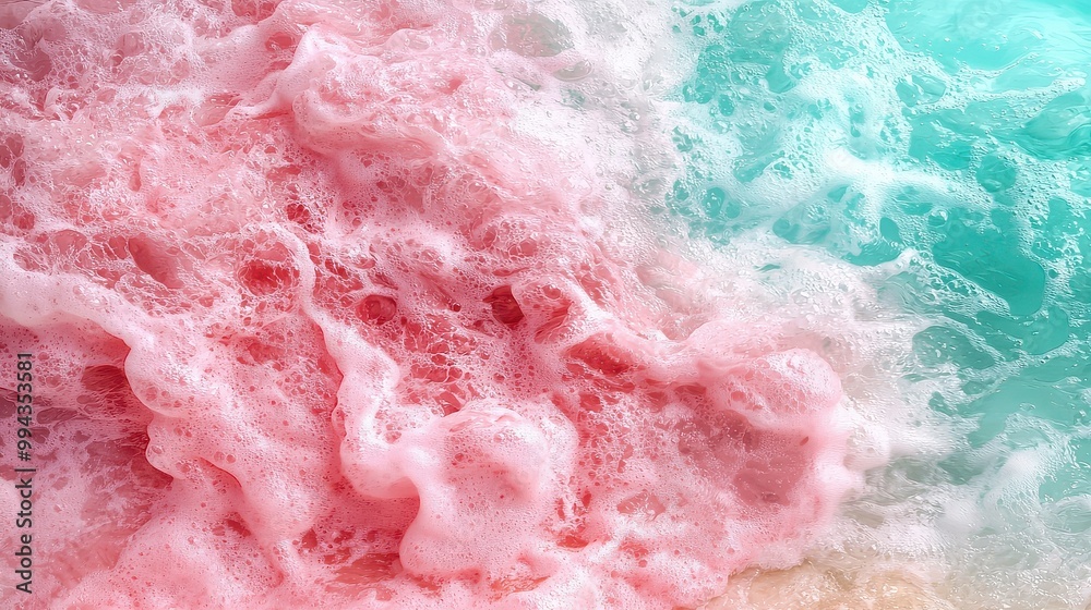 Poster a beautiful display of pink and blue water with pink foam in the middle. the pink foam is spread thr