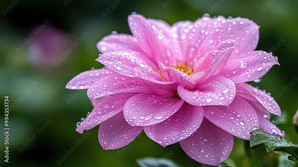Poster a beautiful pink flower with dew drops on it. the flower is the main focus of the image and it gives