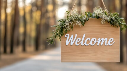 A charming wooden sign with Welcome in white cursive hangs gracefully, surrounded by lush greenery and delicate flowers, guiding guests into a beautiful outdoor wedding