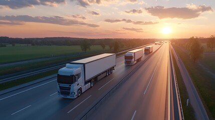 A white truck and two other trucks on the highway, driving towards the sunset in summer, with fields of wheat under the golden sunlight