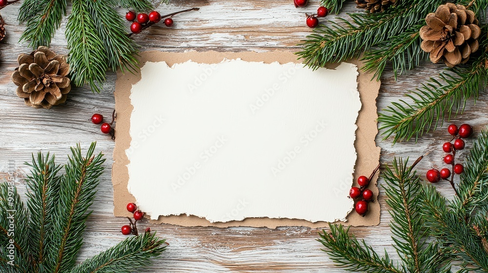 Aufkleber a white piece of paper with a christmas tree on it. the tree has pine cones and berries