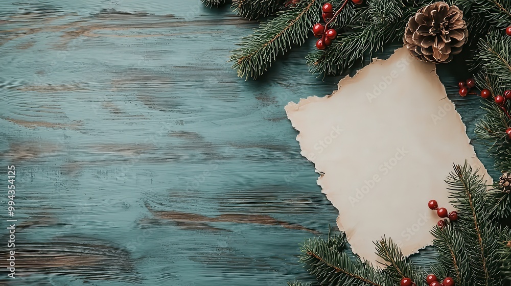 Poster A Christmas tree with a piece of paper on it. The paper is blank and the tree is decorated with berries