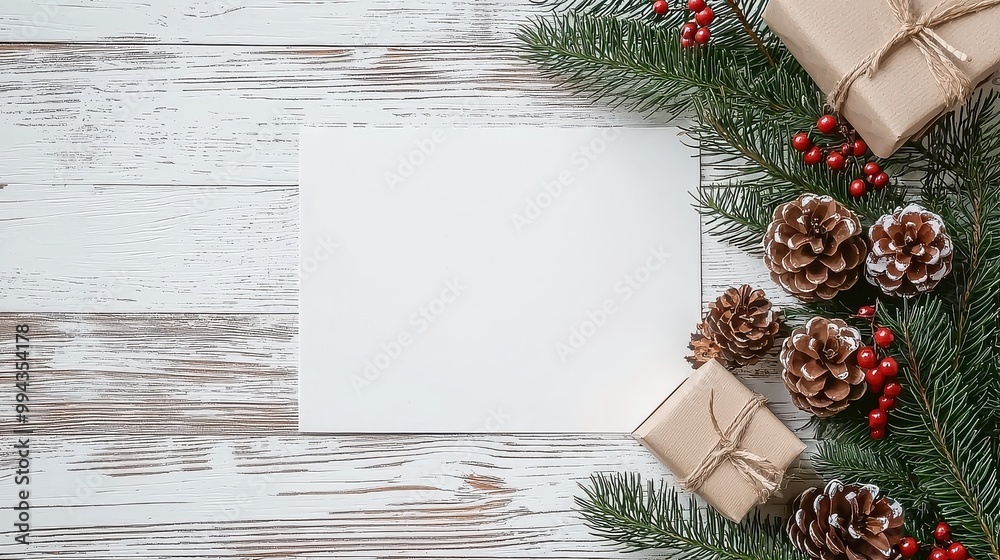 Poster a white piece of paper sits on a wooden table with a christmas tree and pine cones surrounding it