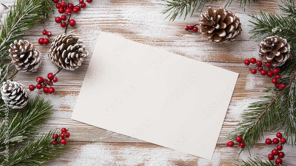 Poster a white piece of paper sits on a wooden table with pine cones and berries surrounding it. concept of