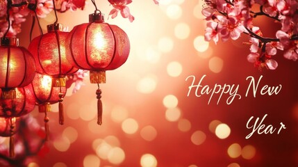 Red lanterns with intricate Chinese decorations with a text "Happy New Year", festive spirit of Chinese New Year with rich red and gold colors, perfect for holiday backgrounds, banner postcard, offer