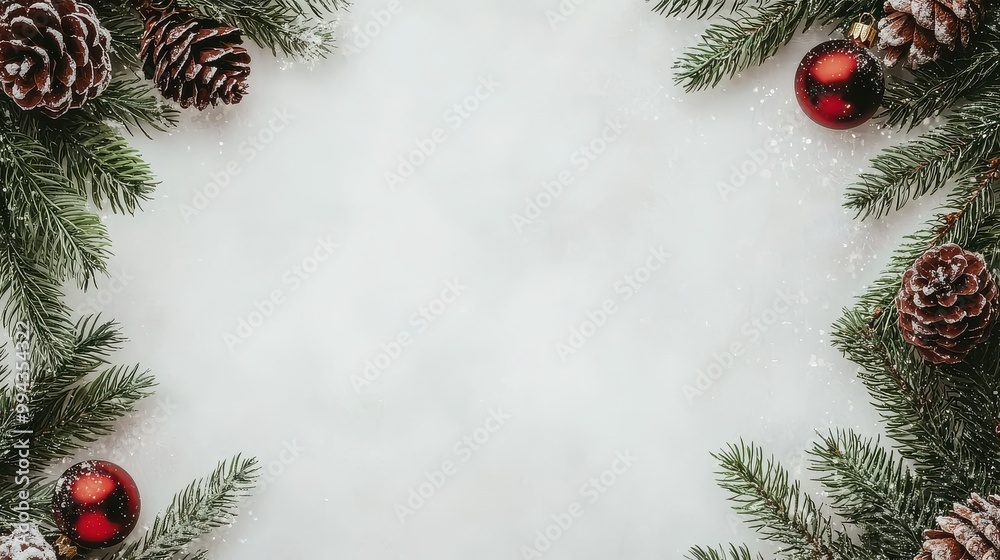 Poster a white background with a red and green christmas tree. the tree has pine cones and red and green ba