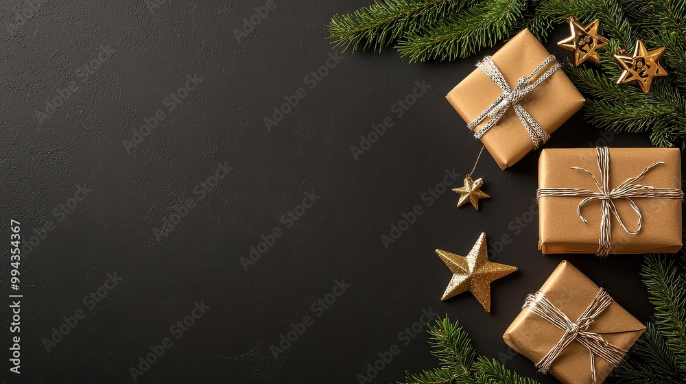 Poster a black background with three gold boxes and a star on top. the boxes are wrapped in gold ribbons an