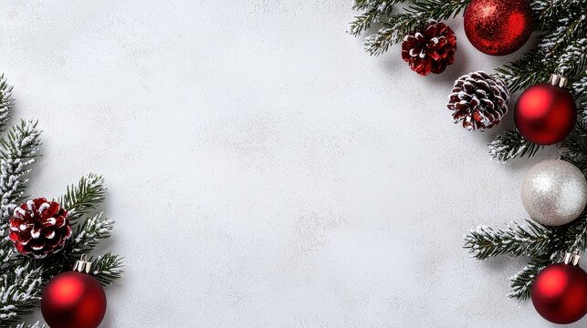 A white background with red and white Christmas decorations. The decorations include pine cones and red and white balls