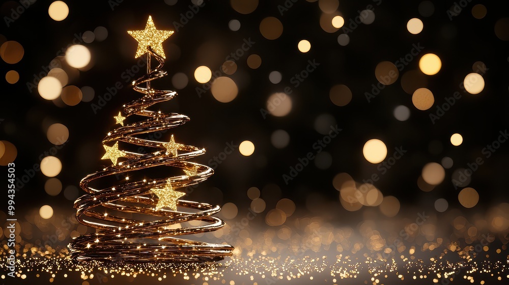 Poster a gold star tree with a star on top. the tree is surrounded by a blurry background. concept of warmt