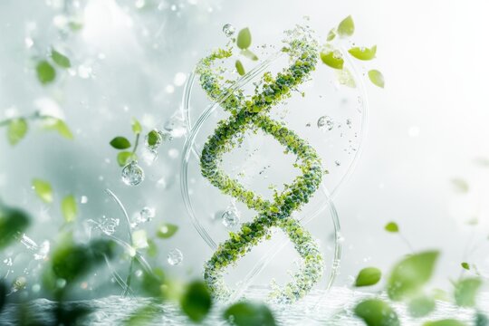 Exploring biology and science in a plant laboratory with DNA structures, gene therapy concepts, and biochemistry on white backgrounds