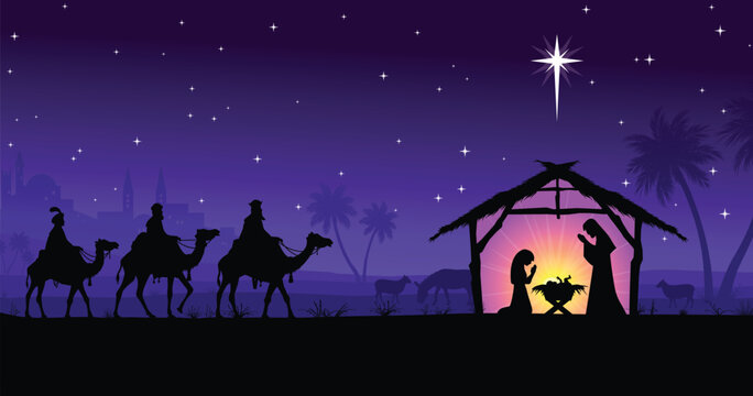 classic christmas nativity birth of jesus christ in stable with 3 wise men and star purple night scene vector illustration