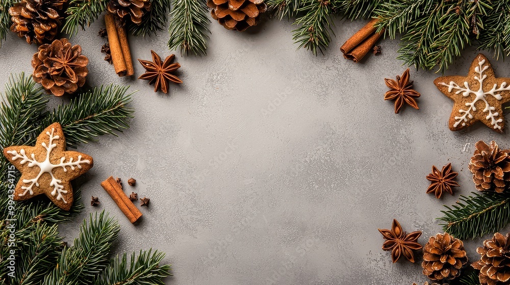 Poster A Christmas cookie with a star on it is surrounded by cinnamon and pine cones. The cookie is placed in the center of the image, with the pine cones and cinnamon on either side