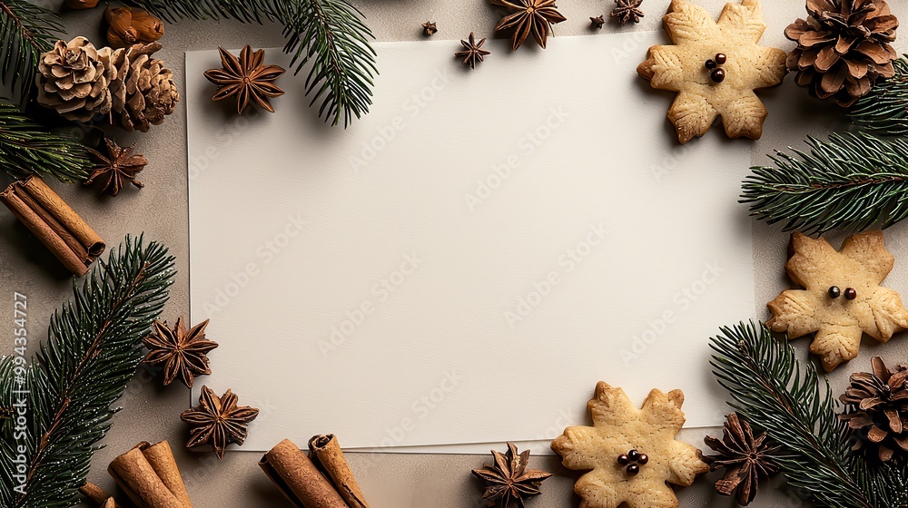 Poster a white piece of paper with a frame of green leaves and spices. the frame is empty, but the spices a