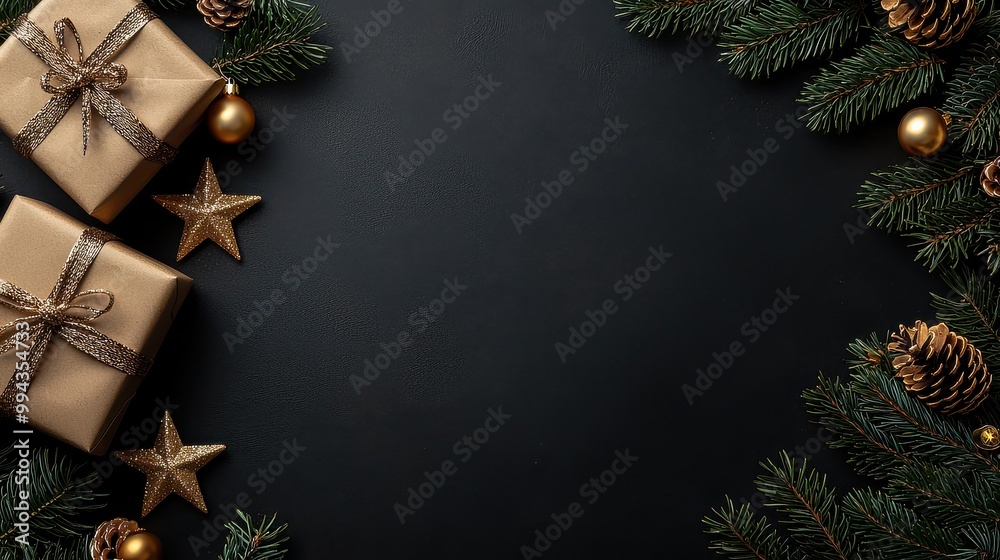 Poster a black background with two gold boxes and a star. the image has a festive and celebratory mood