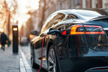 A closeup of an electric car getting charged at a charging station with a blurred background.