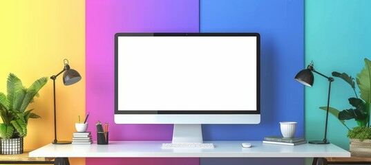 Clean monitor screen in a lively office setting, ready for design placement