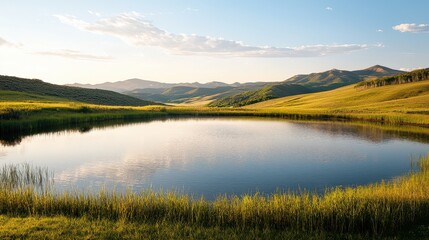 A large body of water surrounded by grassy hills. The water is calm and still, reflecting the sky above. The scene is peaceful and serene