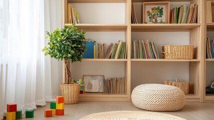 A room with a white wall and a brown wooden bookshelf. The bookshelf is full of books and a potted plant