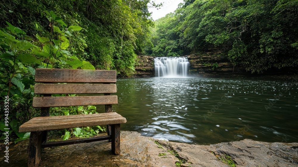 Poster a wooden bench sits by a waterfall in a lush green forest. the scene is peaceful and serene, with th