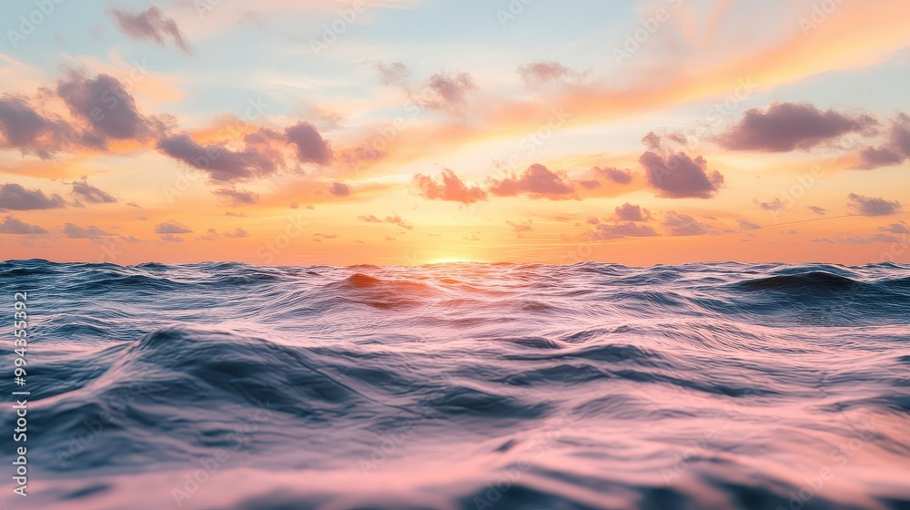Poster the ocean is calm and the sky is a beautiful orange color. the sun is setting, creating a warm and p