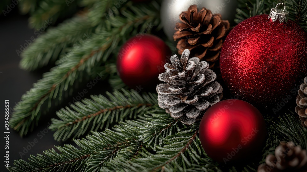 Poster A Christmas tree with red and silver ornaments and pine cones. The pine cones are in the middle of the tree and the red ornaments are on top of them