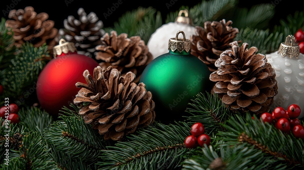 Poster a christmas tree with a green and red ornament and a white ornament. the tree is surrounded by green