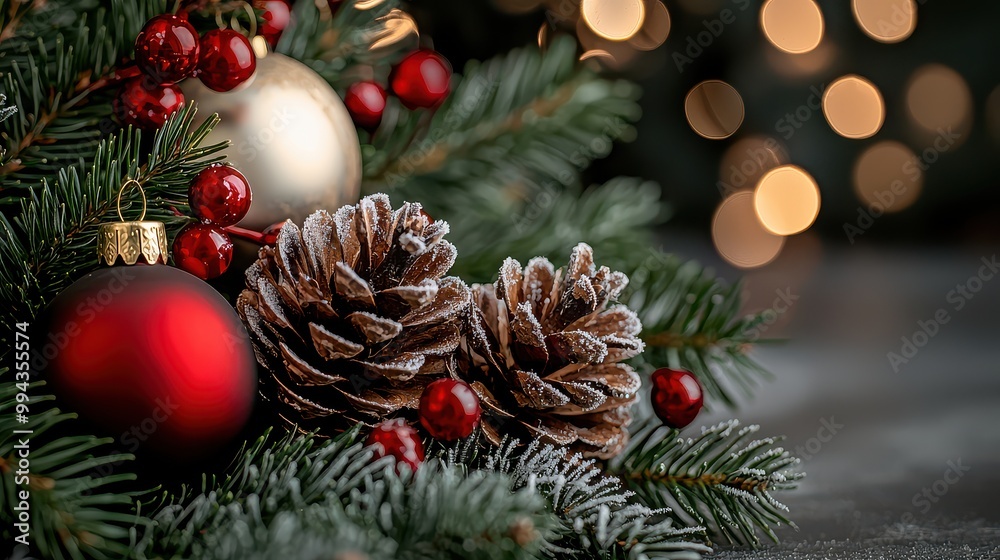Aufkleber a christmas tree with a red ornament and two pine cones on top. the pine cones are covered in snow a