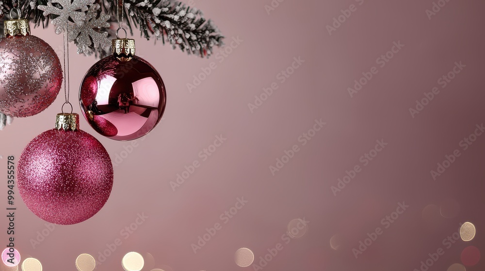 Poster A pink background with three red Christmas ornaments hanging from a tree branch. The background is a soft pink color, giving the scene a warm and festive atmosphere. The ornaments are large and shiny