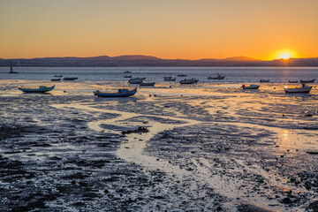 Por do sol na mar&eacute; baixa de Alcochete