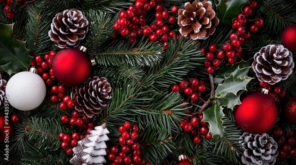 Aufkleber A Christmas tree with red berries and white ornaments is displayed. The tree is full of red berries and white ornaments, creating a festive and joyful atmosphere