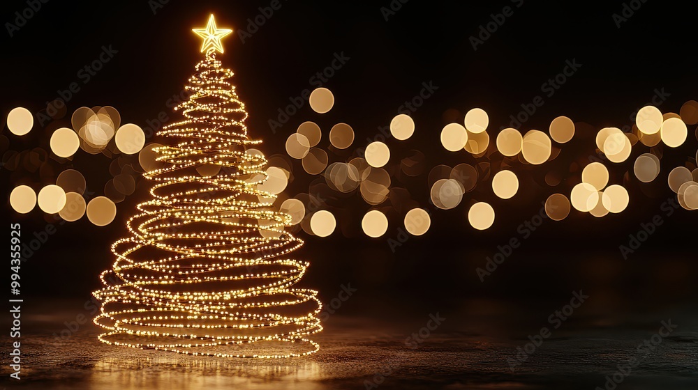 Poster a christmas tree with a star on top is lit up in a dark background. the tree is lit up with lights a