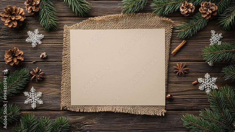 Aufkleber a blank piece of paper is on a wooden table with pine cones and cinnamon sticks. the paper is white 