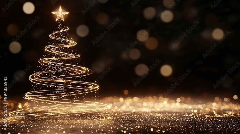 Poster a christmas tree with a star on top is lit up in a dark background. the tree is surrounded by a lot 