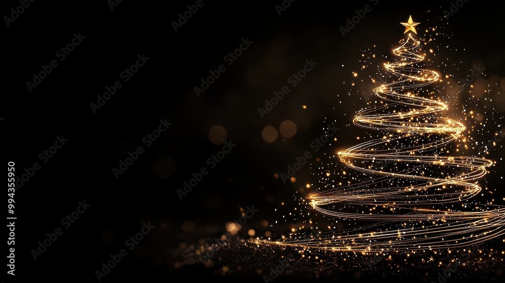 Poster a christmas tree with a star on top is lit up in a dark background. the tree is surrounded by a lot 