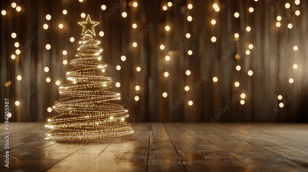 Poster a christmas tree with lights is lit up against a wooden background. the tree is lit up with a star o