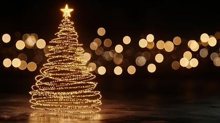 A Christmas tree with a star on top is lit up in a dark background. The tree is lit up with lights and the star is glowing. Scene is festive and joyful