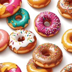 Delicious fresh donuts with topping arrangement in white background, assortment of pastel donuts with colorful sprinkles for sweet treat celebration