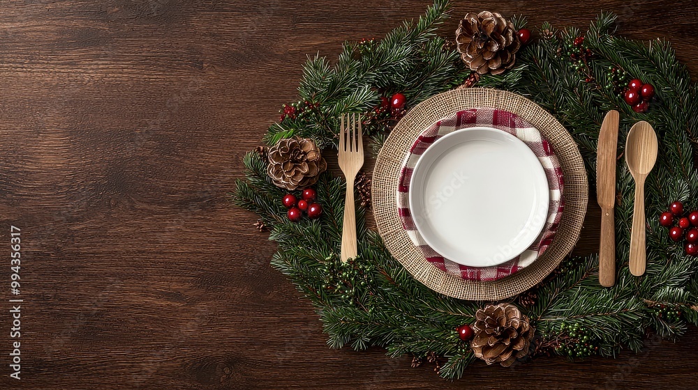 Poster A table with a white plate and silverware on a checkered placemat. The table is covered with pine needles and berries