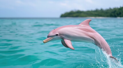 A pink dolphin is jumping out of the water. The dolphin is in the ocean and the water is blue
