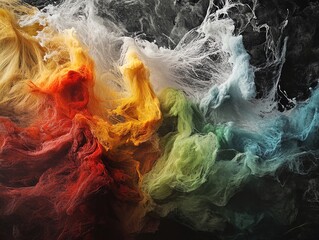 Mesmerizing Dance of Colorful Dyes: Vibrant Reds, Golds, and Greens Swirl in Turbulent Water - Perfect Poster for Modern Sports Interiors or Creative Spaces