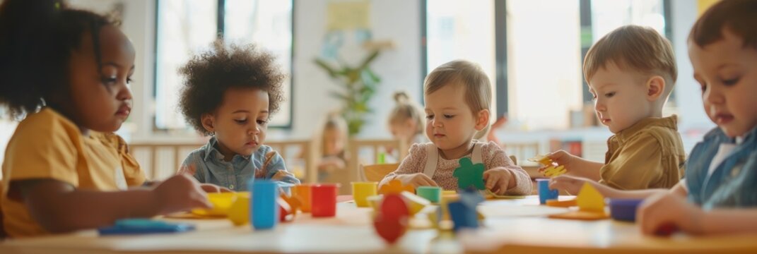 Global daycare center with toddlers participating in cultural creative activities