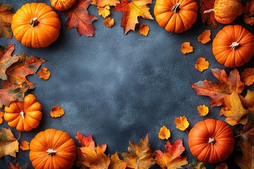Thanksgiving or autumn scene with pumpkins, autumn leaves and berries on wooden table. Autumn background with copy space. Banner