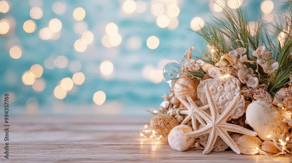 Fototapete A beach scene with a bunch of seashells and a starfish. The seashells are scattered around the starfish, creating a festive and beachy atmosphere
