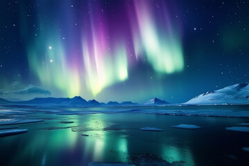 Naklejka premium Northern Lights vivid green and purple radiance dances over a peaceful snow-covered Scandinavian forest in November