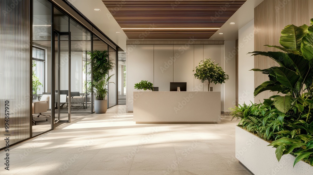Poster a large open office space with a white desk and a potted plant in front of it. the room is filled wi