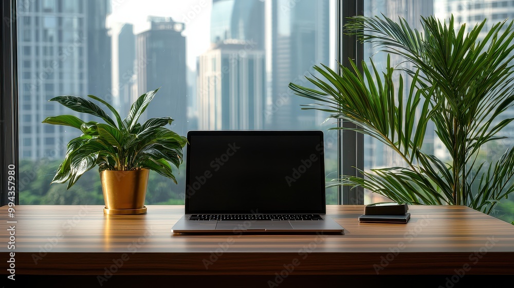 Poster a laptop is sitting on a desk next to a potted plant. the laptop is open and the screen is black. th