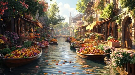 Obraz premium A peaceful floating market with boats filled with fruits and flowers, floating on a serene river in a detailed realistic background