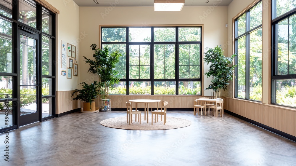 Aufkleber a room with a table and chairs, and a rug in the middle. the chairs are empty