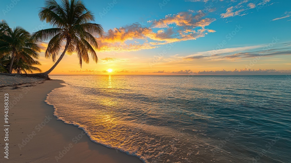 Fototapete A beautiful beach with a palm tree and the sun setting in the background. The sky is a mix of blue and orange, creating a warm and serene atmosphere